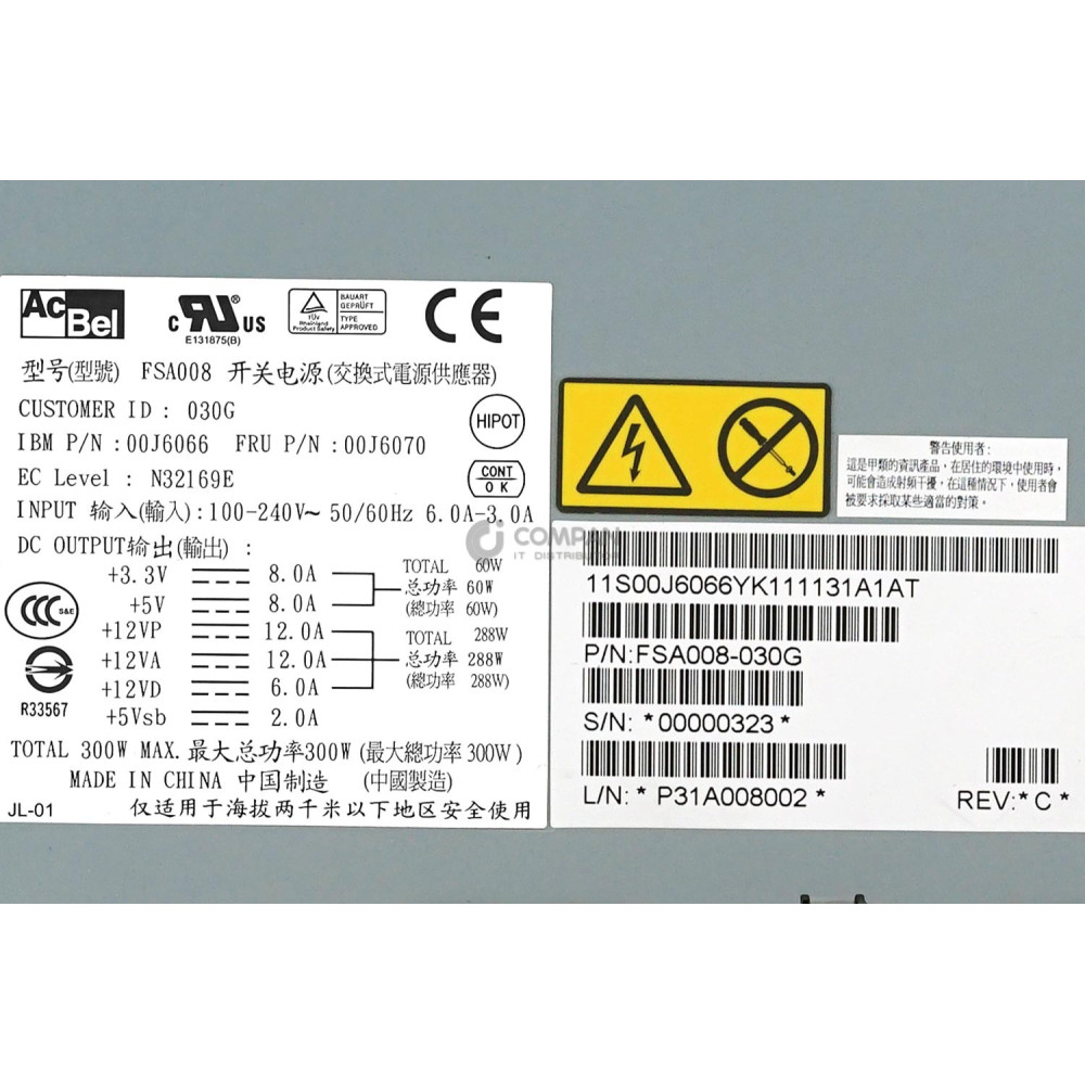 00J6070 IBM 300W POWER SUPPLY FOR IBM SYSTEM X3250 M4